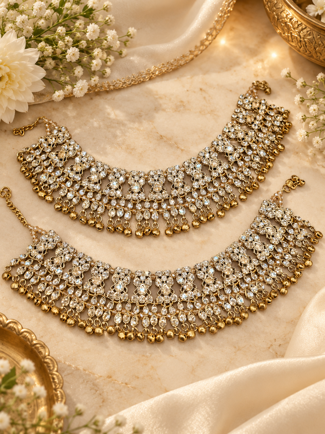Ornate Crystal Stone Heavy Payal Pair with Ghungroo Charms
