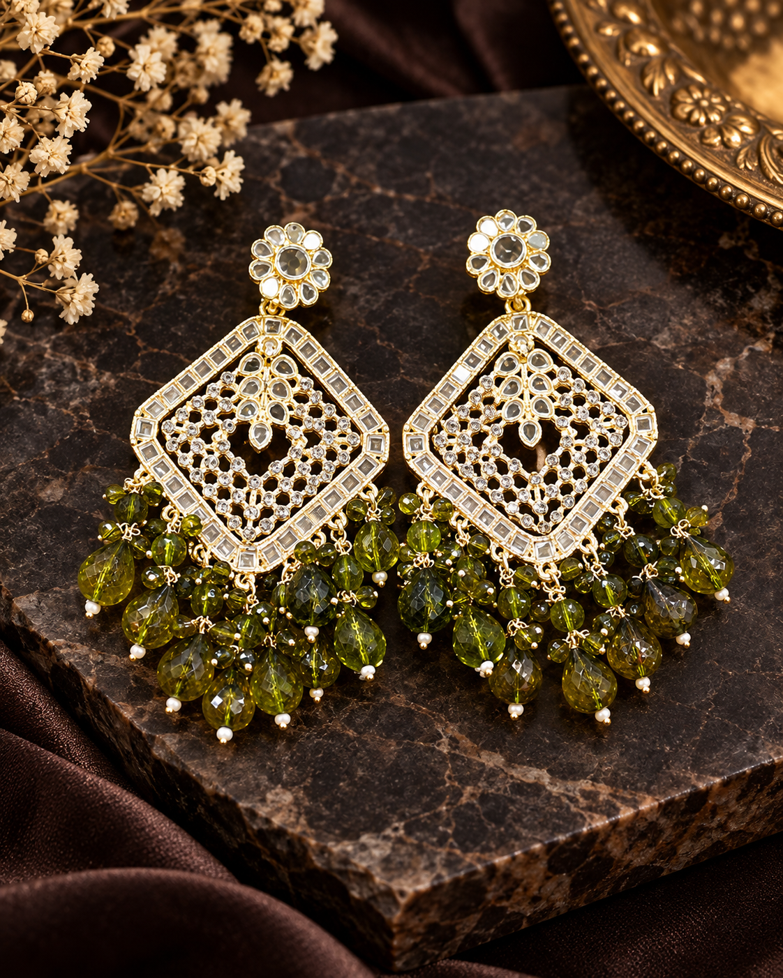 Square Emerald Green Crystal  Kundan Drop Earrings Gold Plated Jali Work Dangles