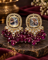Square Kundan Earrings with Round Crystal Centerpiece Gold Plated Earrings