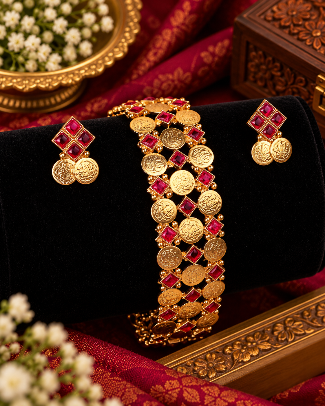 Traditional Geometric Coin Temple Necklace Set