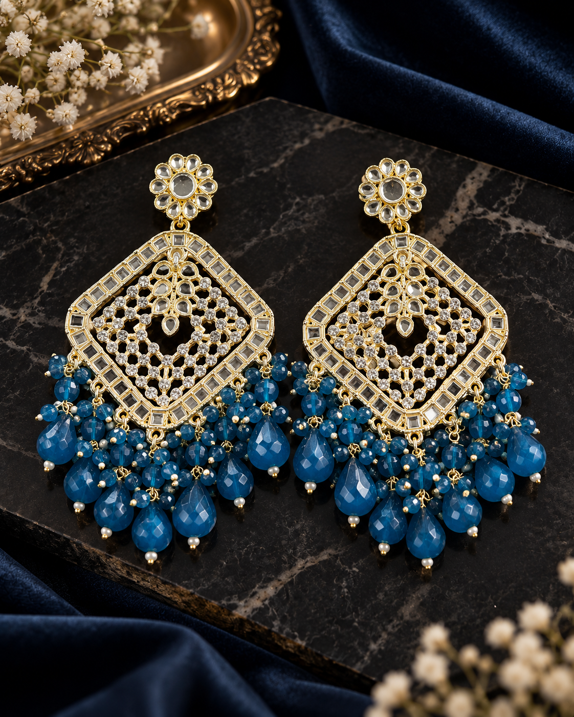 Square Emerald Green Crystal  Kundan Drop Earrings Gold Plated Jali Work Dangles