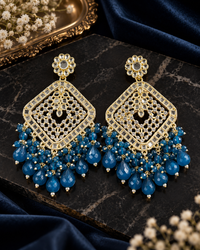 Square Emerald Green Crystal  Kundan Drop Earrings Gold Plated Jali Work Dangles