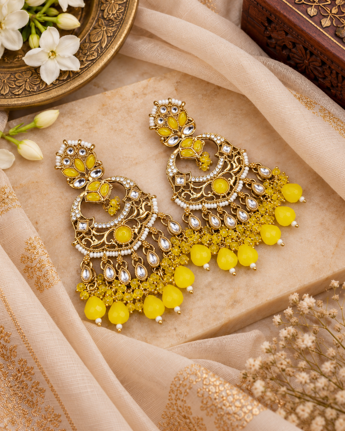 Grand Chandbali Statement Earrings with Bead Droplets