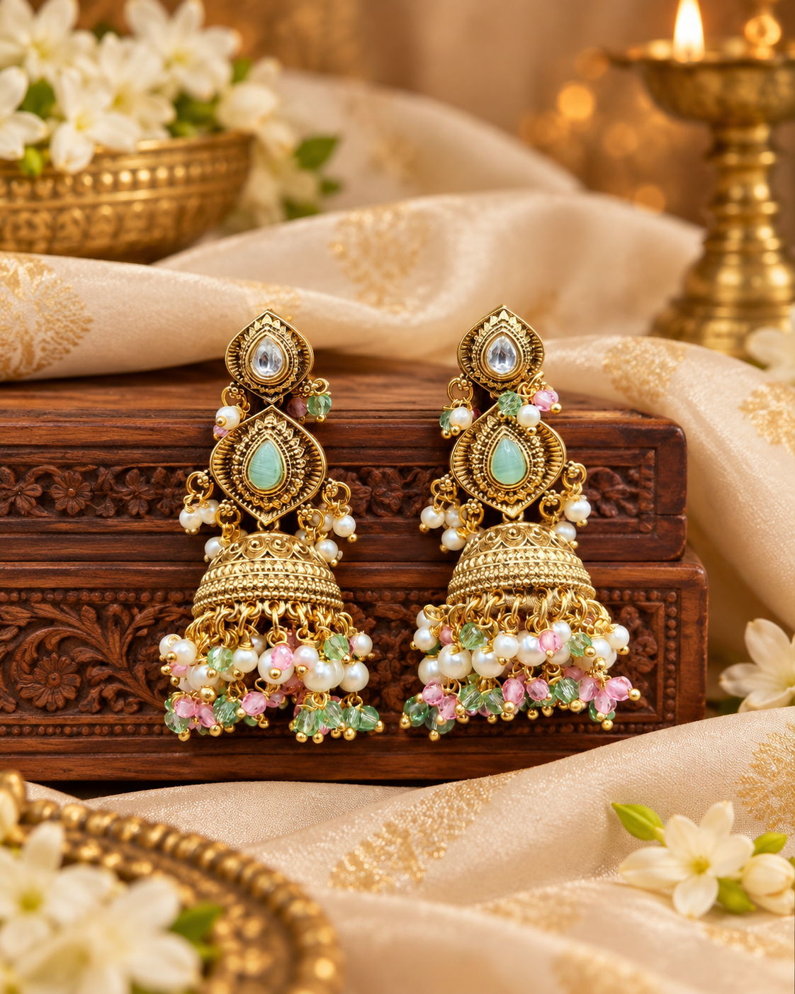 Antique Gold Finish Beaded Jhumka Earrings