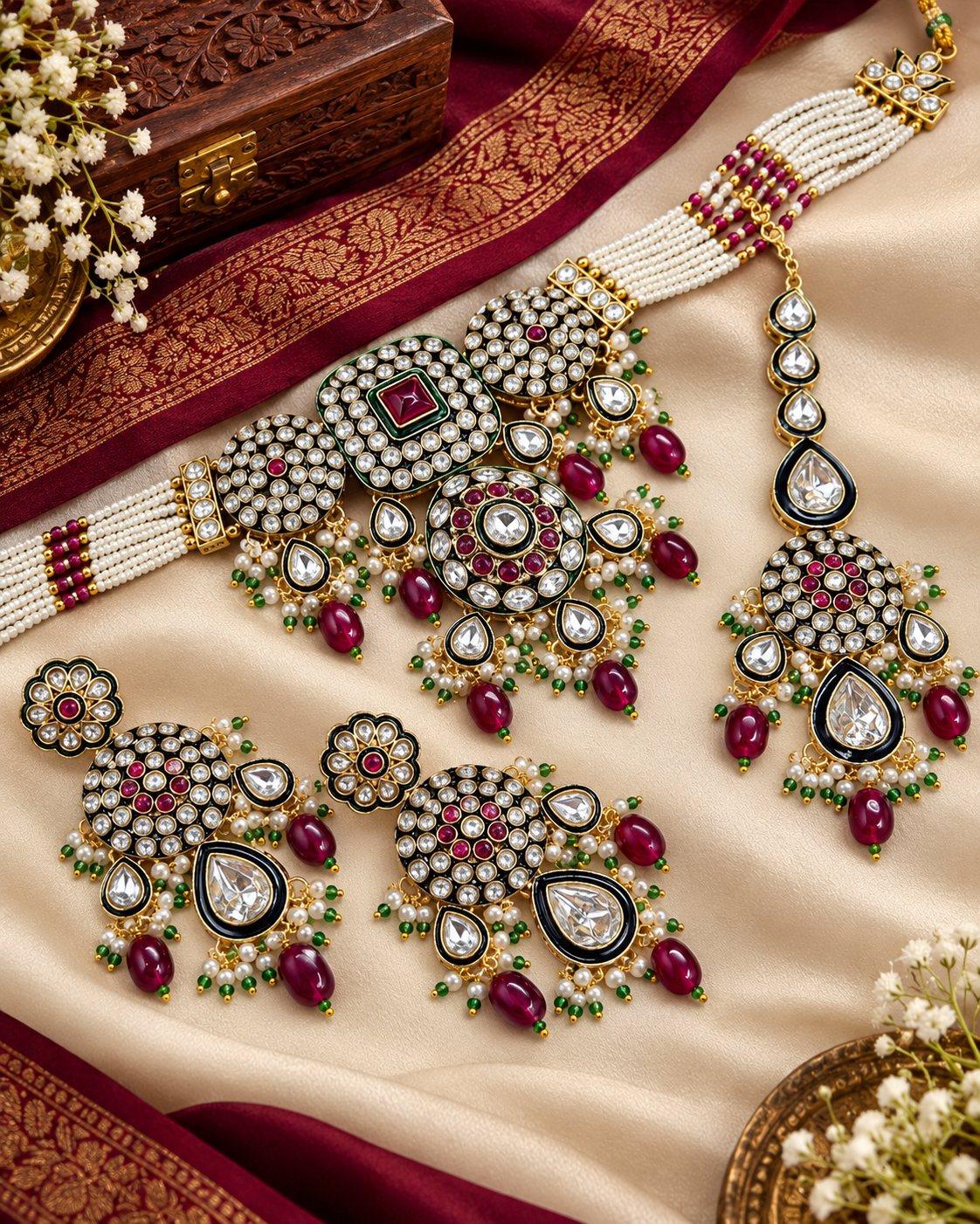 Royal Kundan & Pearl Choker Necklace Set with Maang Tikka & Earrings