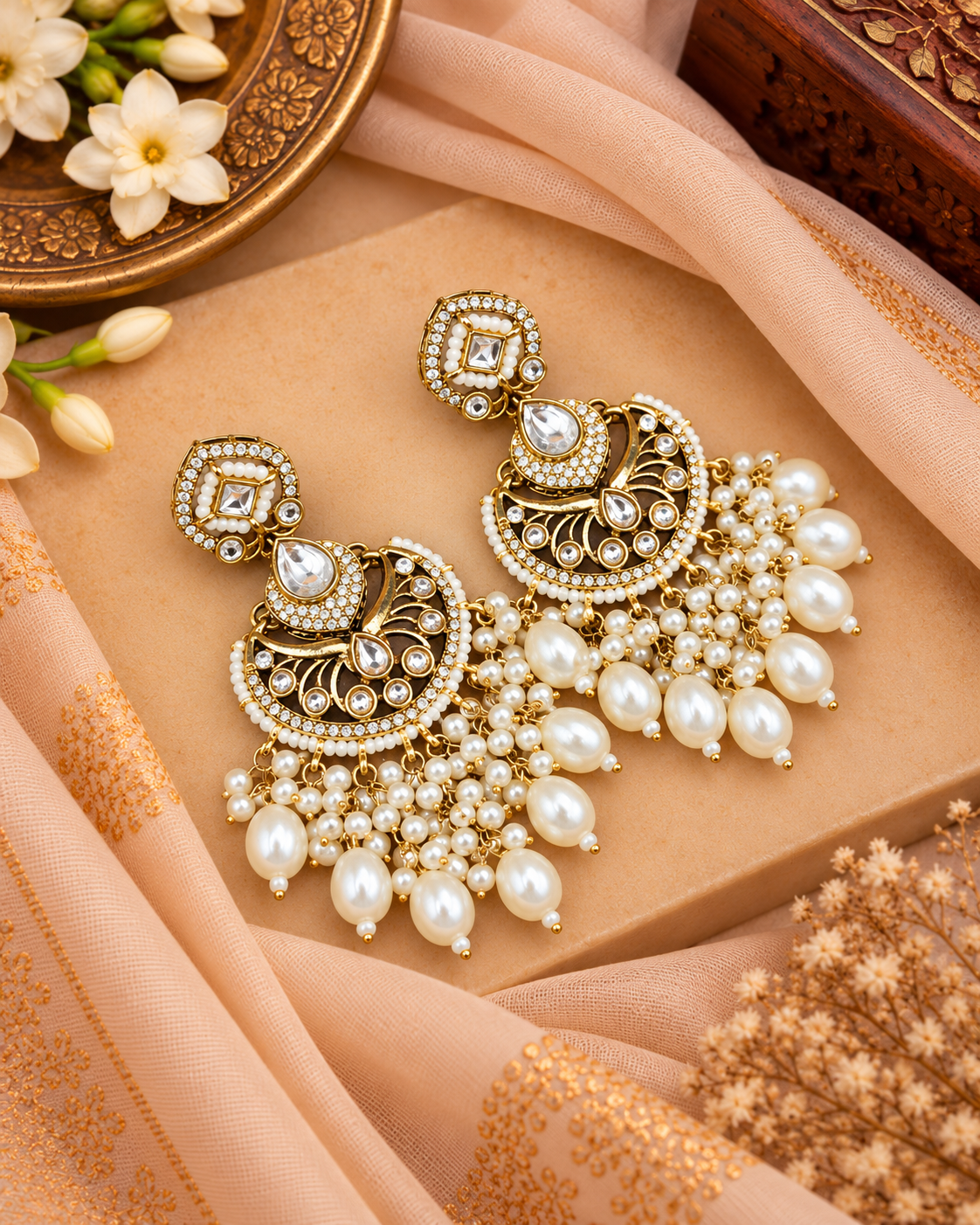 Statement Chandbali Earrings with Pearl & Bead Drops