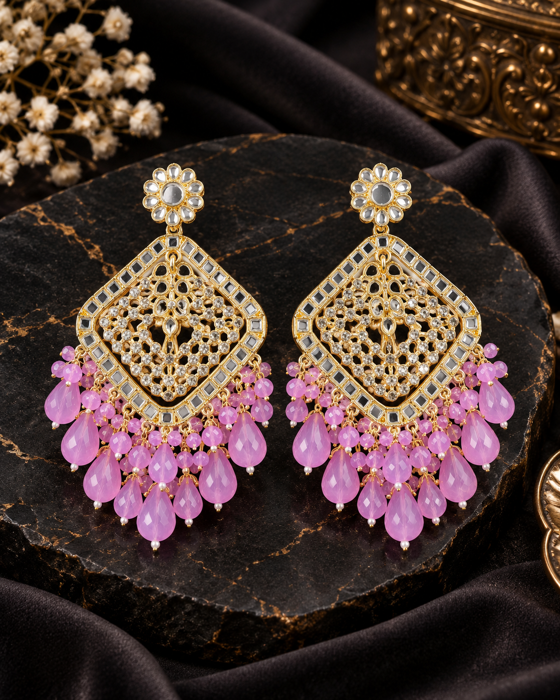 Square Emerald Green Crystal  Kundan Drop Earrings Gold Plated Jali Work Dangles