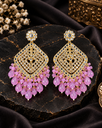 Square Emerald Green Crystal  Kundan Drop Earrings Gold Plated Jali Work Dangles