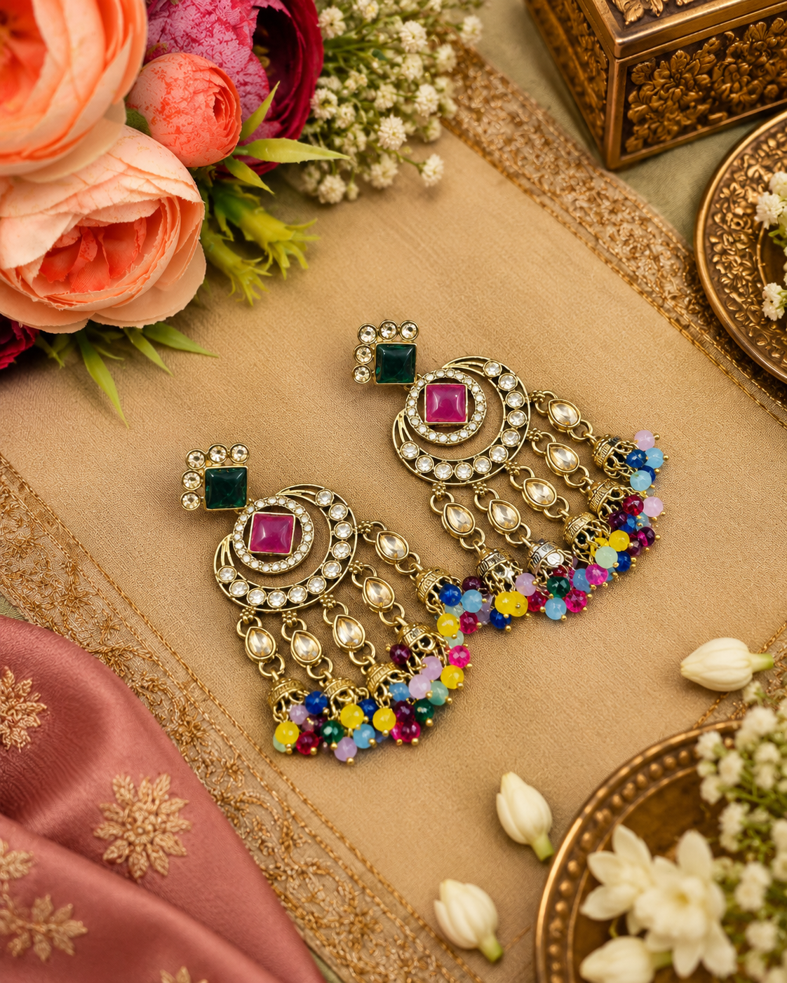GEOMETRIC STONE-STUDDED CHANDBALI STATEMENT EARRINGS