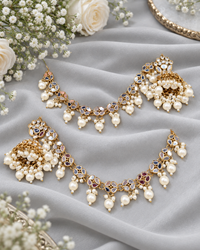 Traditional Mirror Inset Pearl Jhumka Earrings with Attached Chains