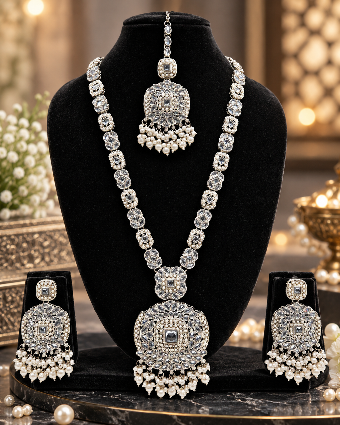 Traditional Kundan Long Jewelry Set & Necklace with Matching Earrings & Maang Tikka