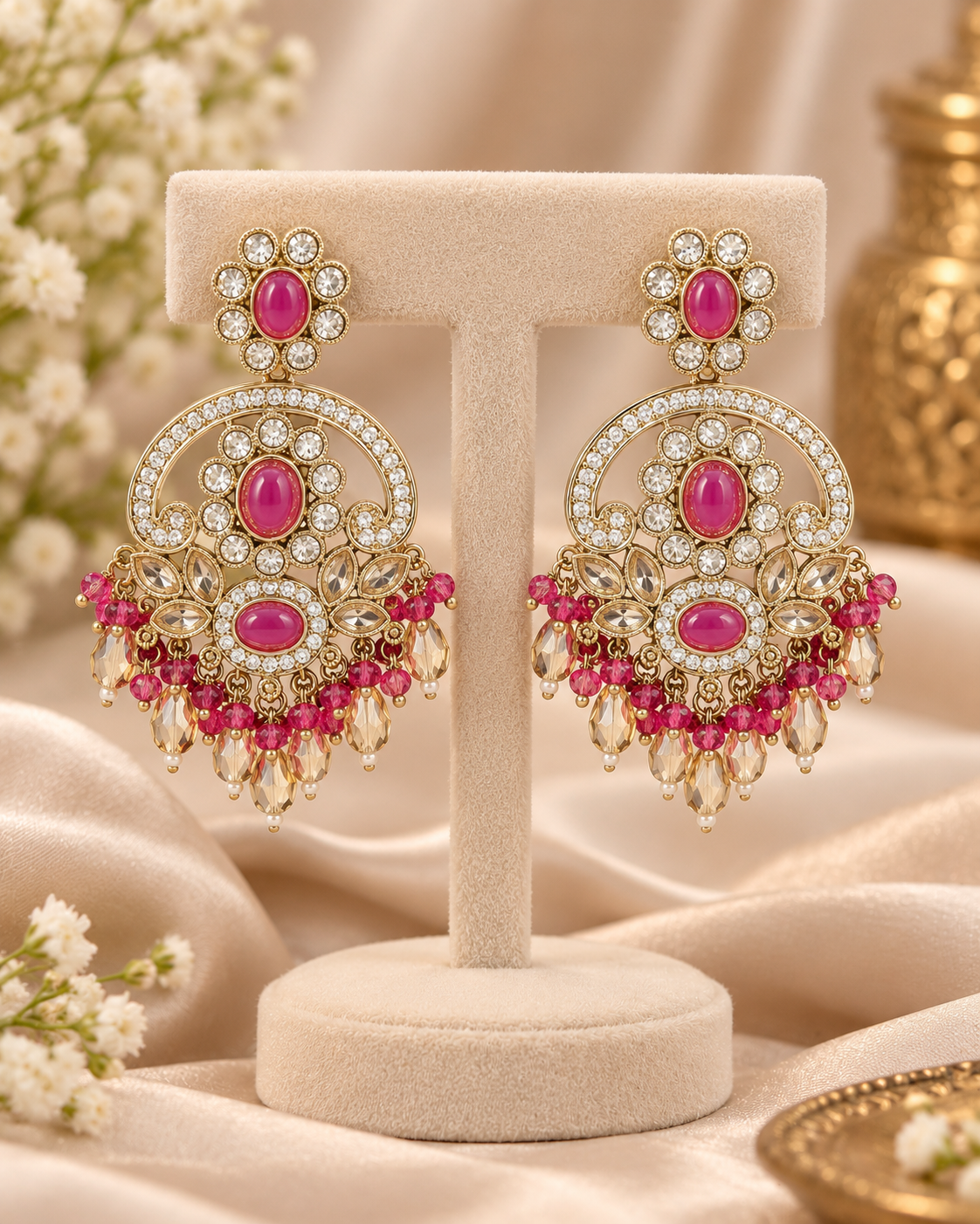 CHANDBALI STYLE DANGLE EARRINGS WITH BEAD CLUSTERS