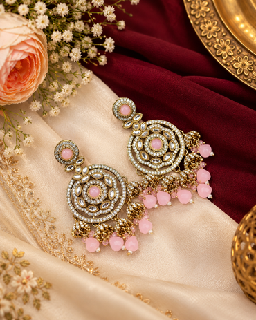 Intricate Floral Motif Chandbali Earrings with Mini Jhumka Drops