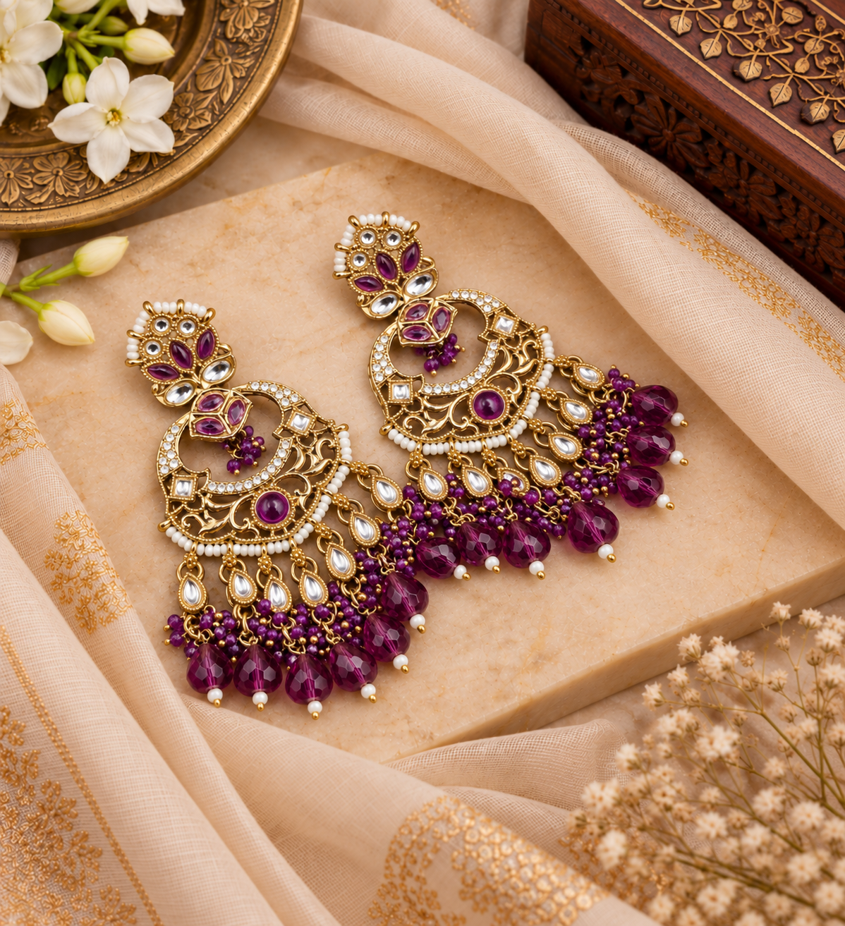 Grand Chandbali Statement Earrings with Bead Droplets