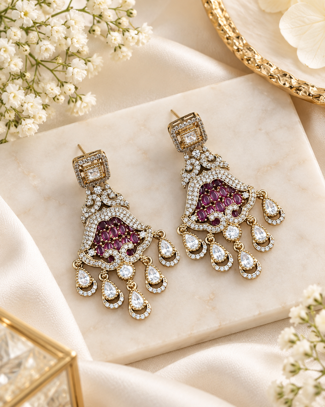 Ornate Chandelier Drop Earrings with Tiered Charms