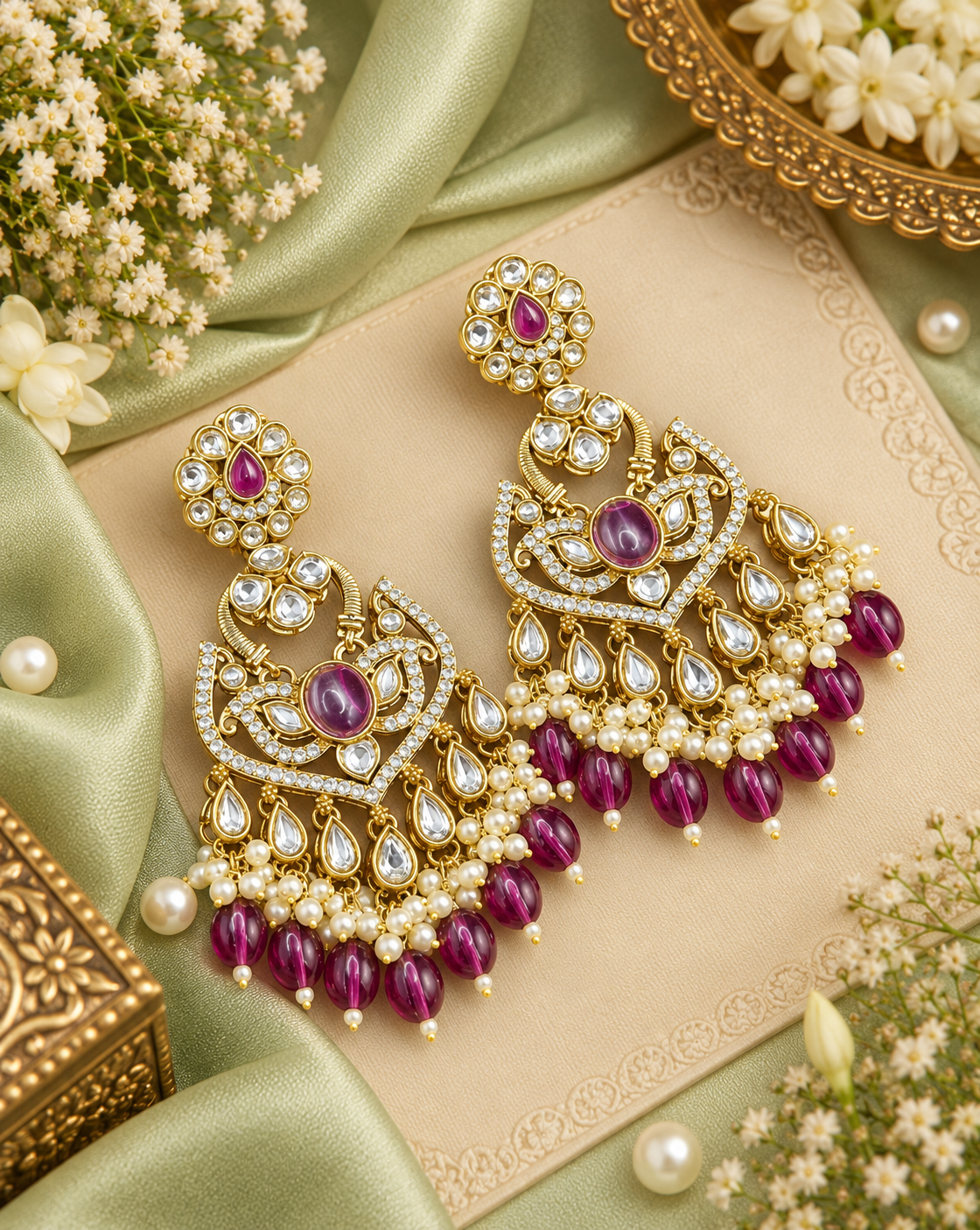 Statement Drop Earrings with Bead & Pearl Fringe