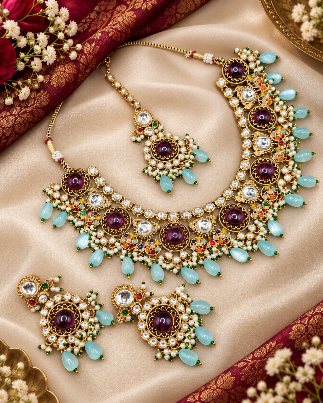 Traditional Gold-Tone Kundan Choker Set with Pearl Accents
