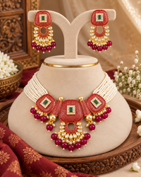 Meenakari Copper Pearl Mala Necklace Set with Matching Earrings