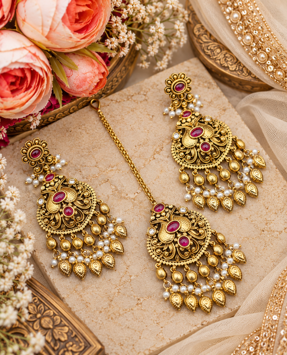 Antique Gold Earrings & Maangtikka Set