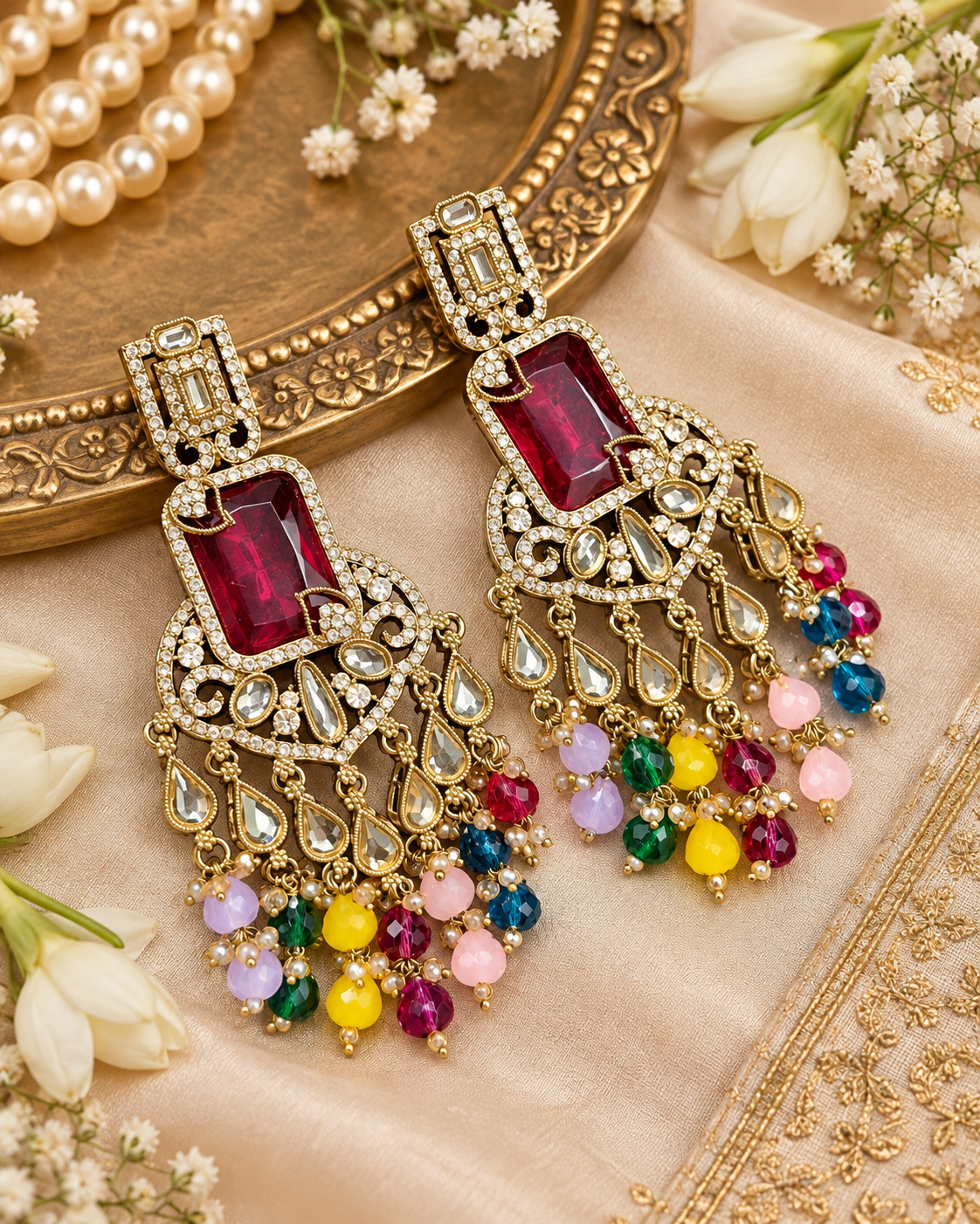 Pearl Fringe Statement Chandelier Earrings