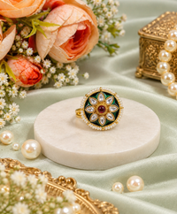 Floral Starburst Meenakari Ring with Pearl Border