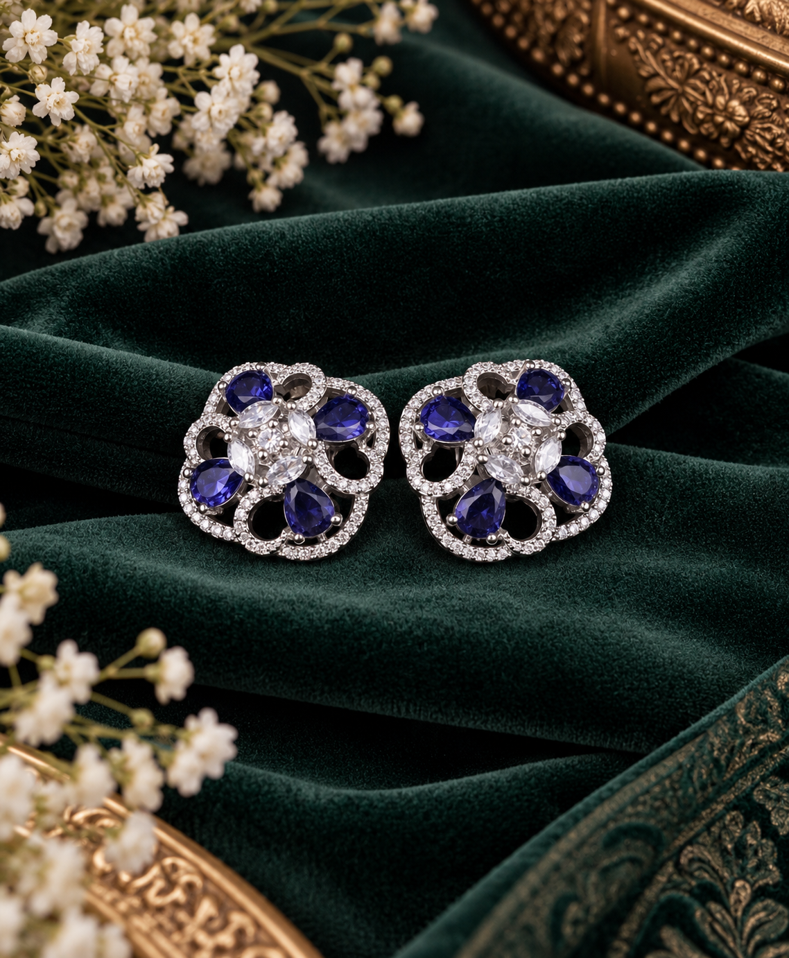 Floral American Diamond Statement Stud Earrings