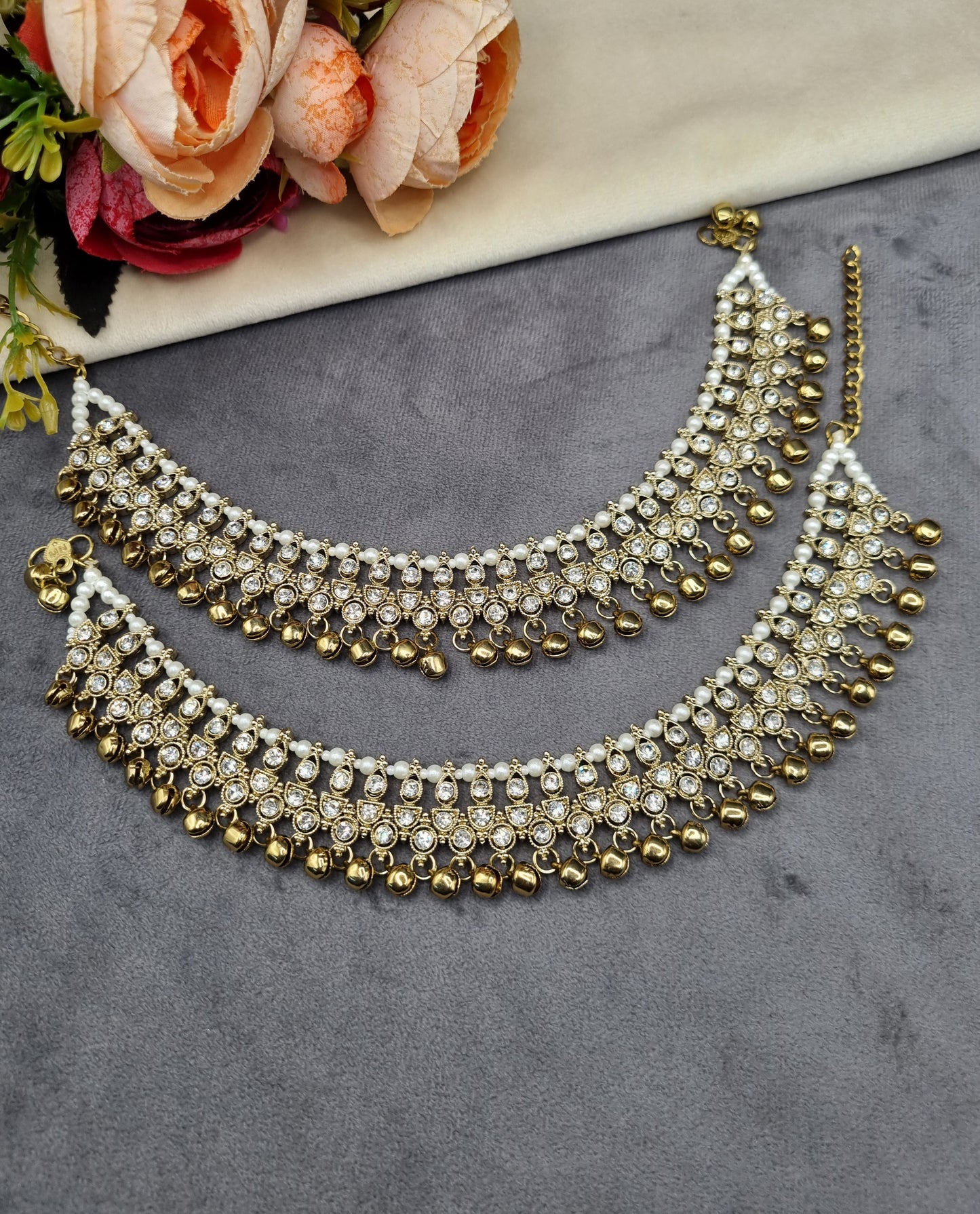 Ornate Crystal Stone Payal Pair with Ghungroo Charms