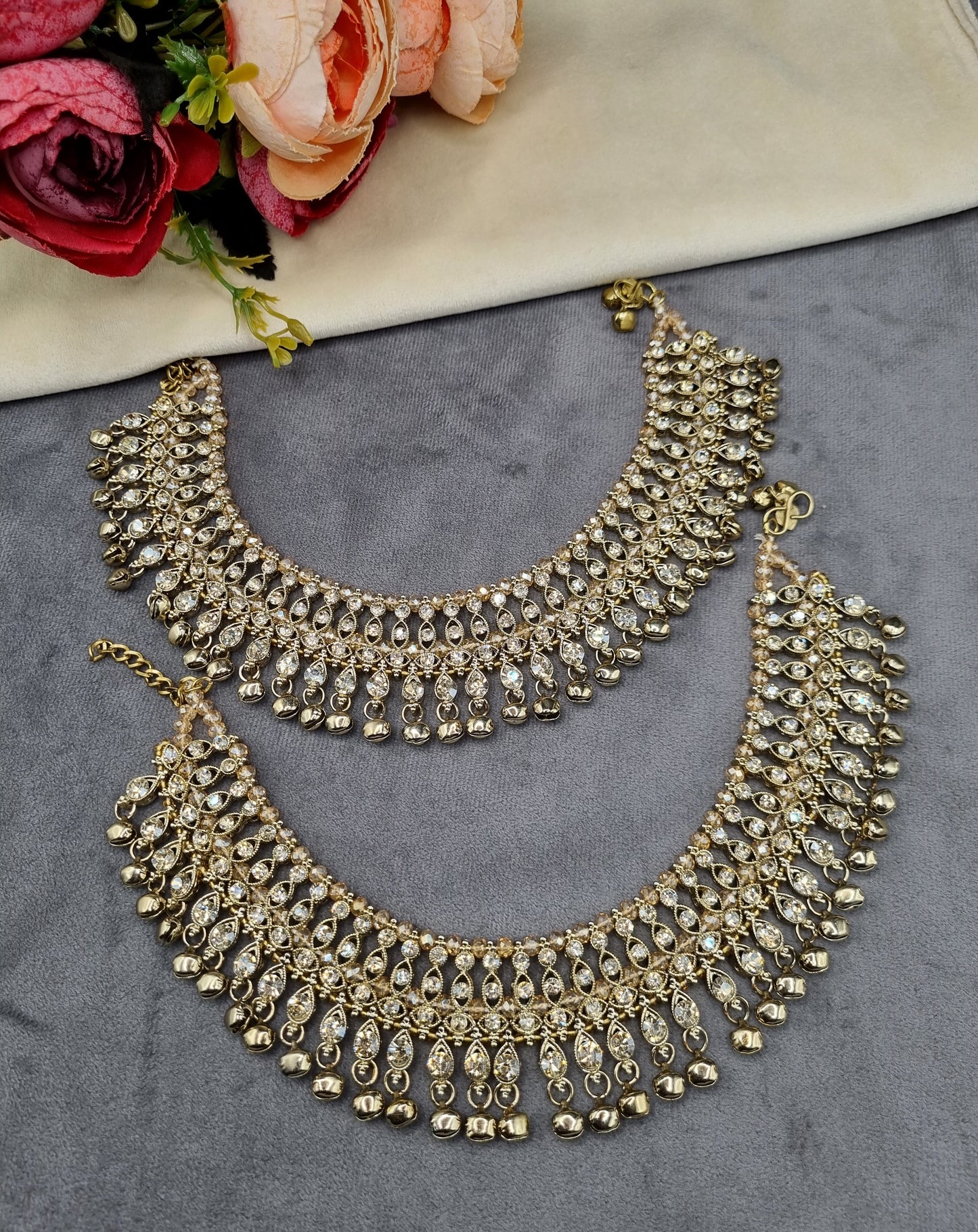 Ornate Crystal Stone Payal Pair with Ghungroo Charms