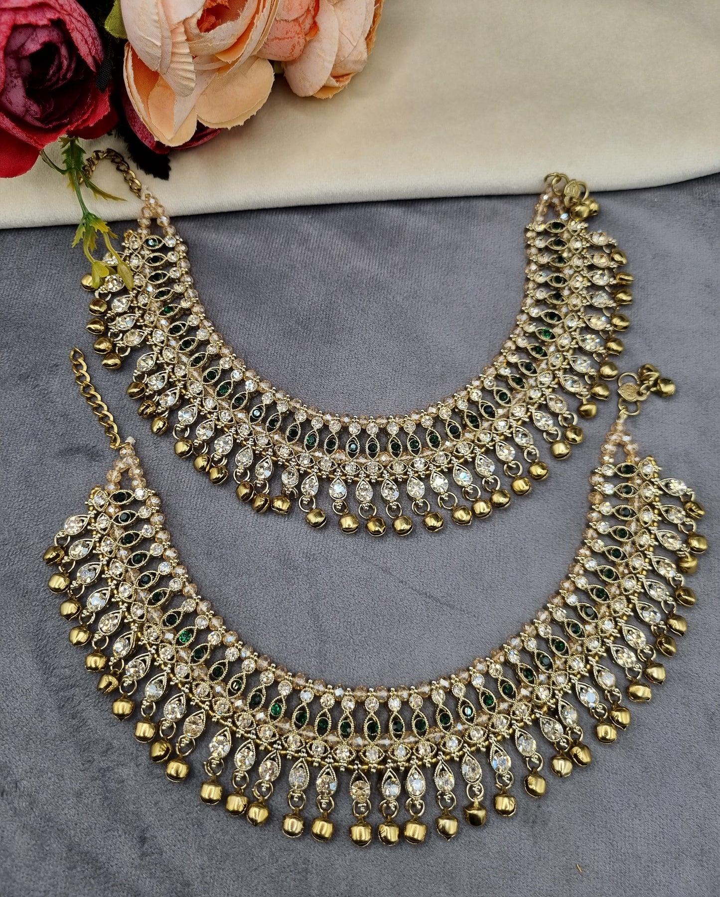 Ornate Crystal Stone Payal Pair with Ghungroo Charms