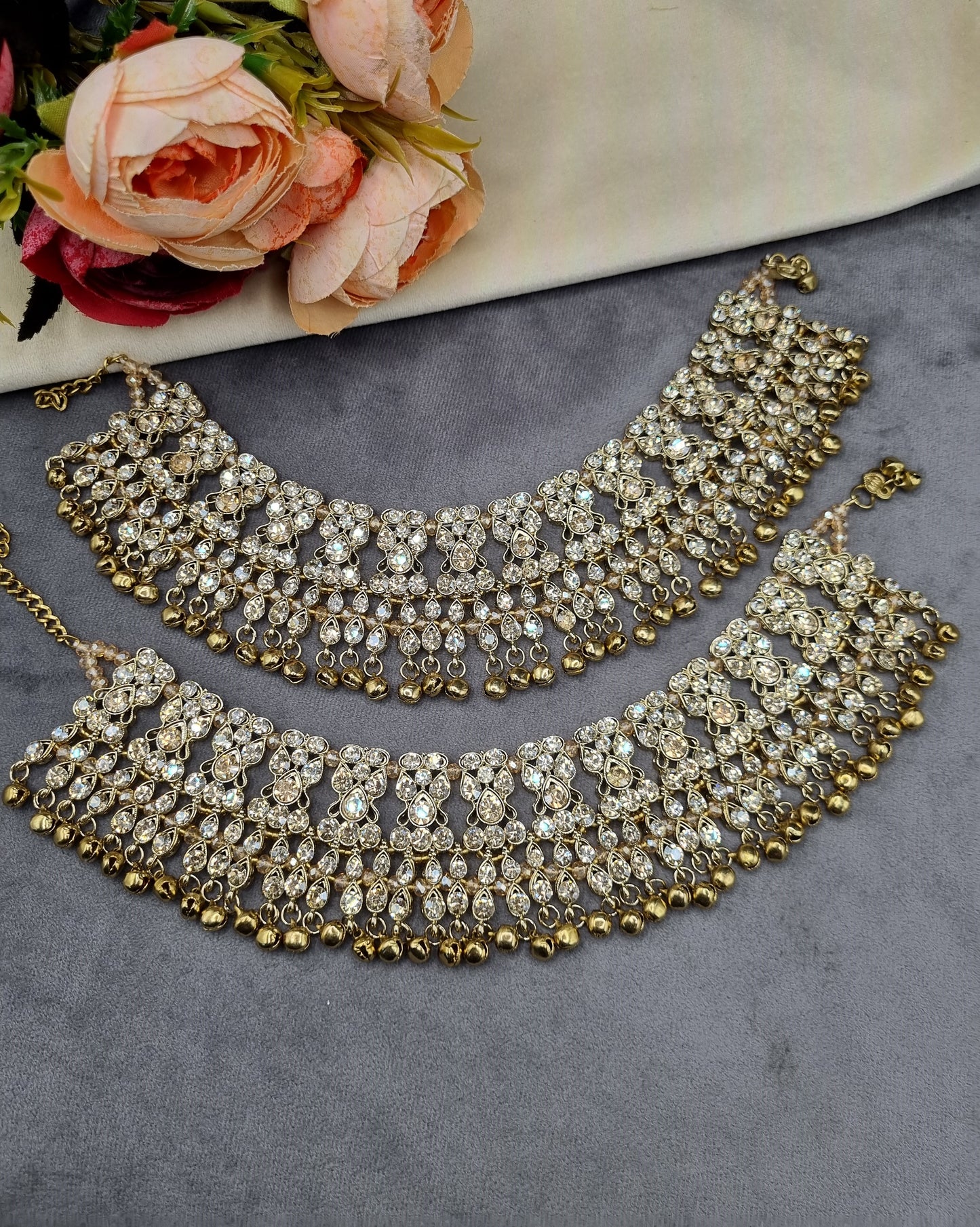 Ornate Crystal Stone Heavy Payal Pair with Ghungroo Charms