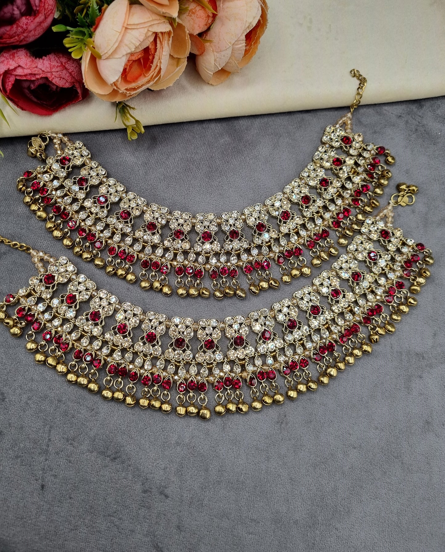 Ornate Crystal Stone Heavy Payal Pair with Ghungroo Charms