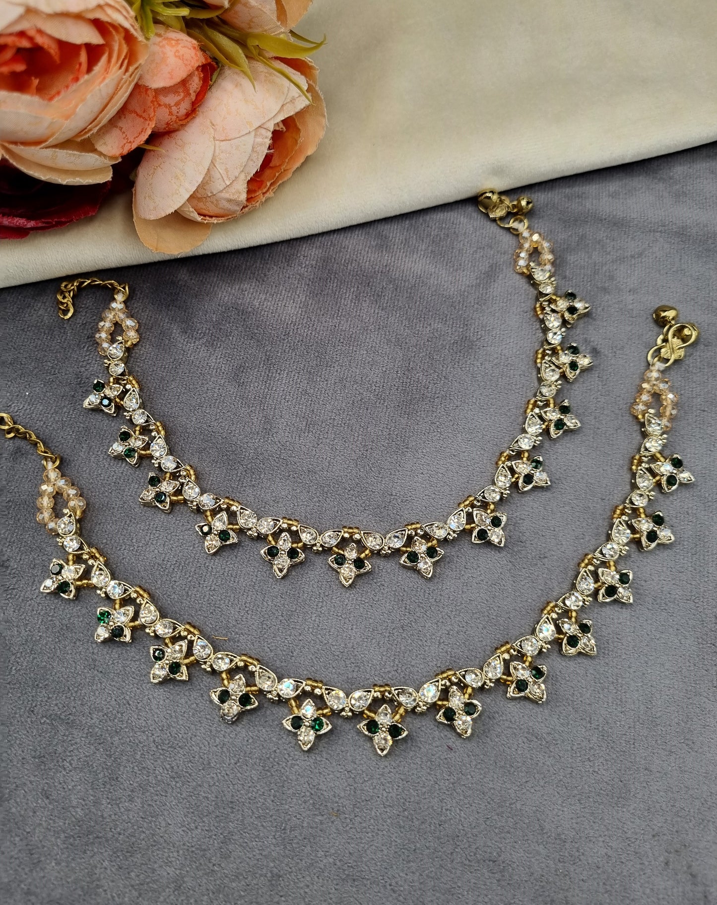 Floral Crystal Stone Delicate Payal Pair