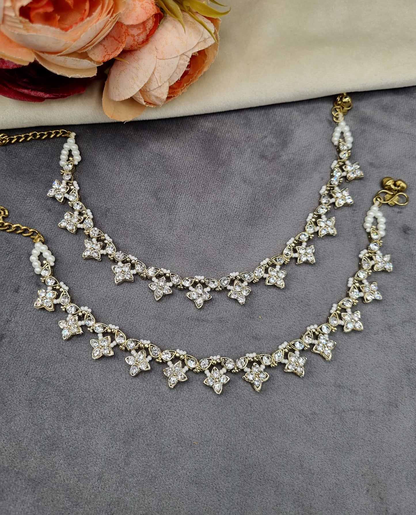 Floral Crystal Stone Delicate Payal Pair
