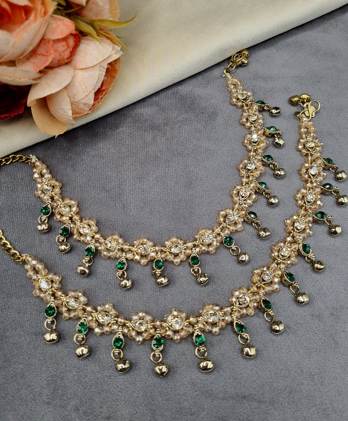 Crystal Cluster Anklet Pair with Ghungroo Drops