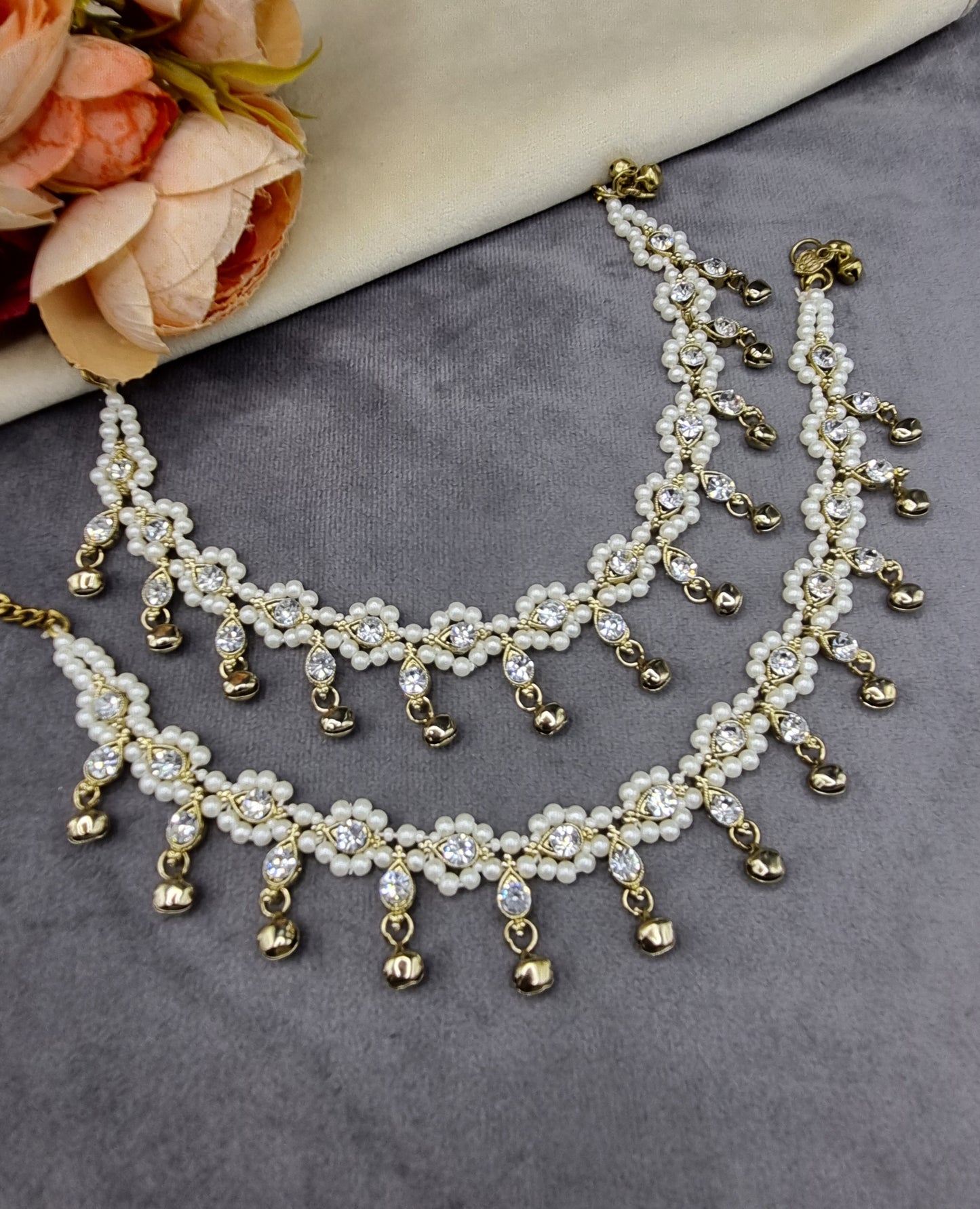 Crystal Cluster Anklet Pair with Ghungroo Drops