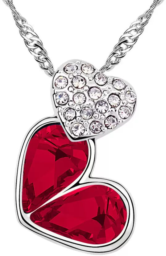 Sparkling Crystal Double Heart Pendant  Silver Tone Necklace with Clear Pavé Accents