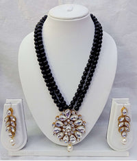 Traditional Pearl Double Layer Necklace Set with Kundan Floral Pendant & Matching Earrings