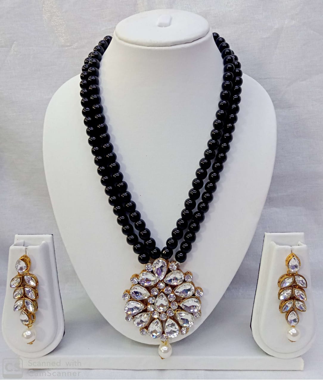 Traditional Pearl Double Layer Necklace Set with Kundan Floral Pendant & Matching Earrings