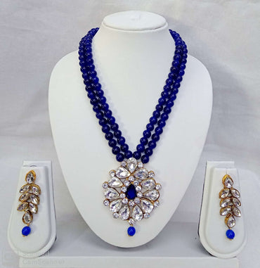Double Layer Beaded Necklace Set with Stone Studded Pendant & Matching Earrings – Traditional Jewellery
