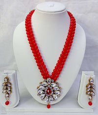 Traditional Beaded Mala Pendant Set With Matching Earrings For Woman