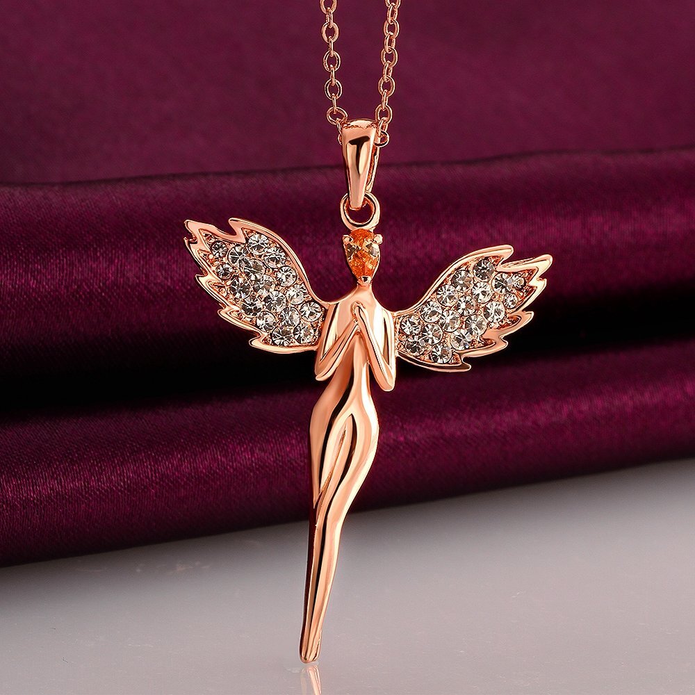 Guardian Angel Wings Necklace – Elegant Rose Gold Spirit Pendant with Shimmering Crystals