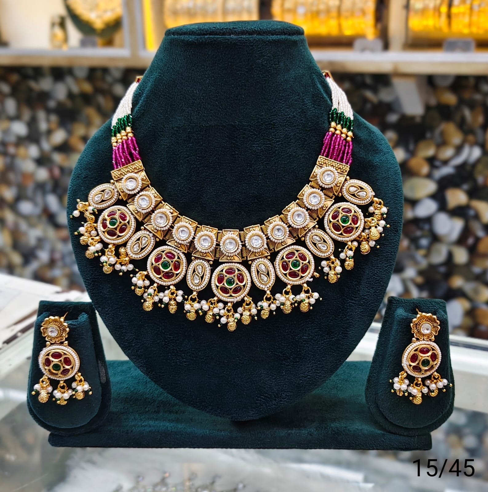 Gold Plated Copper Kundan Necklace Set with Round Motif and Matching Earrings
