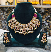 Gold Plated Copper Kundan Necklace Set with Round Motif and Matching Earrings