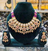 Gold Plated Copper Kundan Necklace Set with Round Motif and Matching Earrings