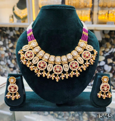 Gold Plated Copper Kundan Necklace Set with Round Motif and Matching Earrings