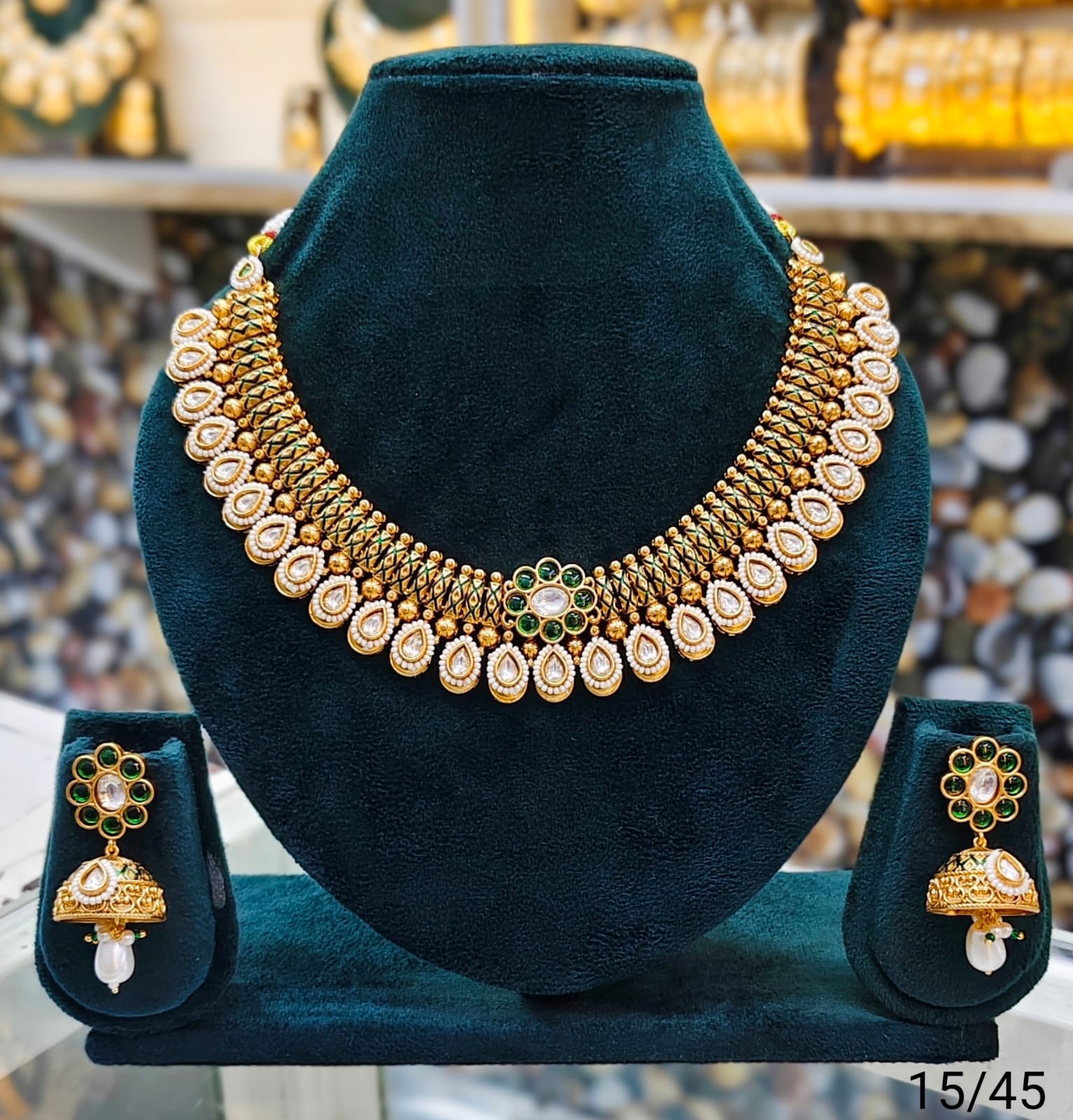 Teardrop Copper Necklace Set with Floral Pendant and Jhumka Earrings