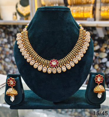 Teardrop Copper Necklace Set with Floral Pendant and Jhumka Earrings