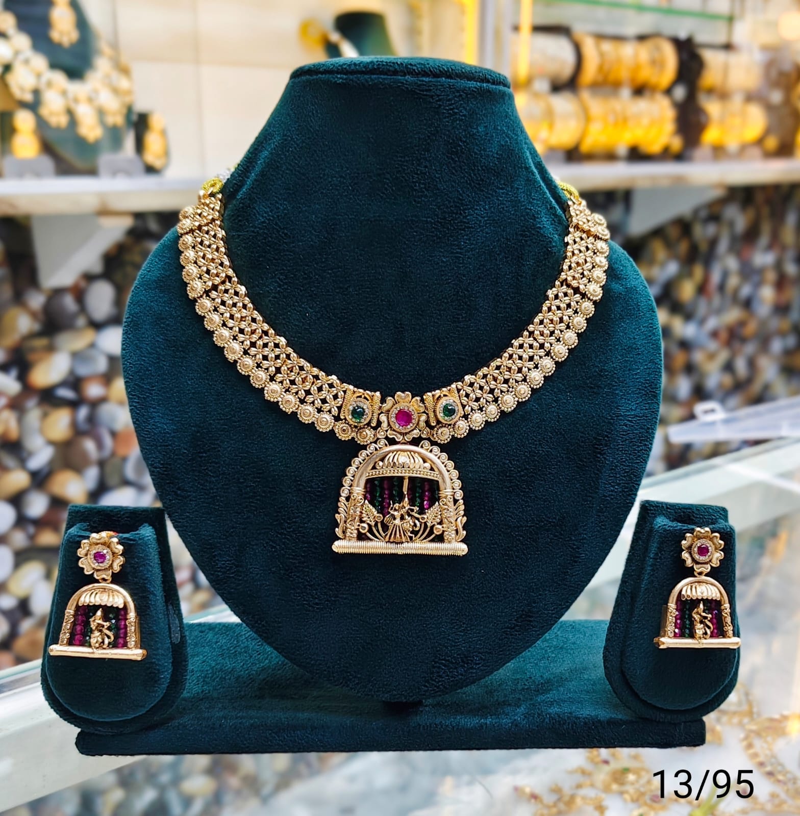Elegant Gold Plated Temple Jewelry Set with Traditional Pendant & Matching Earrings