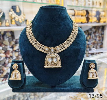 Elegant Gold Plated Temple Jewelry Set with Traditional Pendant & Matching Earrings