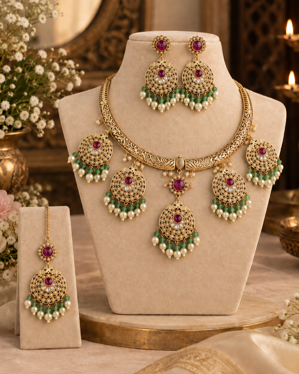 Floral Medallion Necklace Set with Tikka